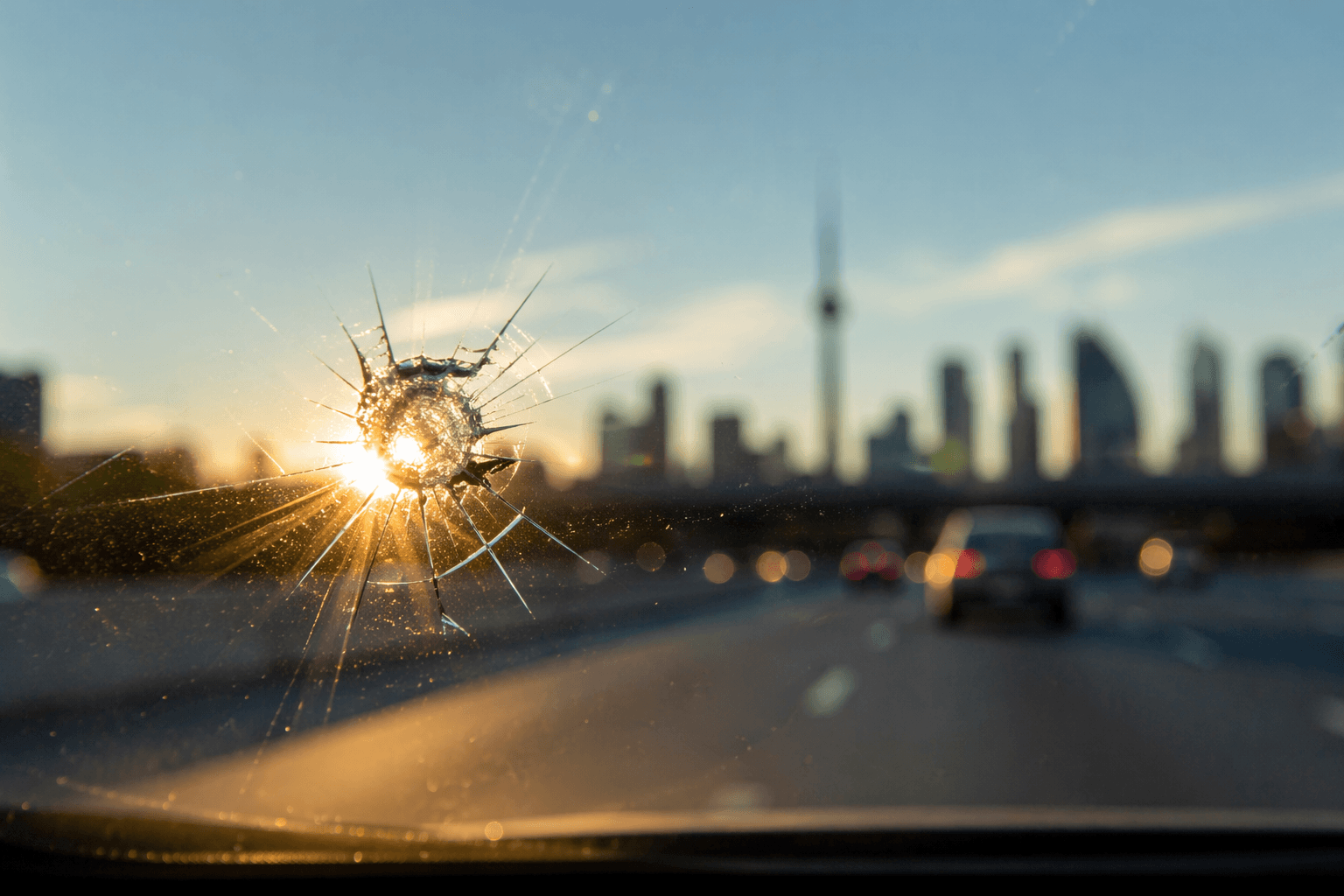 Cracked windshield with sunflare view
