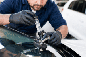 Windshield repair in progress