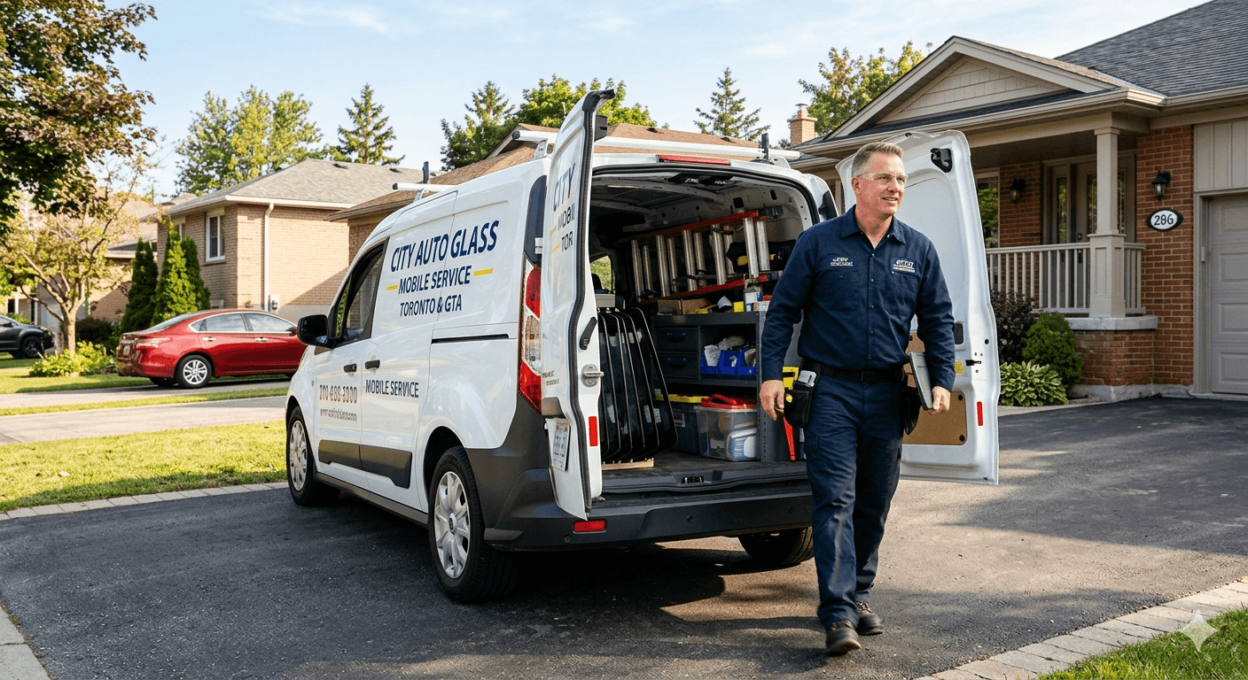 mobile windshield repair Toronto — technician arriving at home
