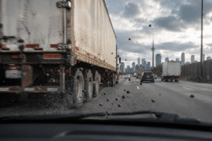 truck kicking debris causing windshield chip Toronto highway 401
