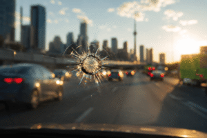 windshield chip repair Toronto — fresh bullseye chip on car glass