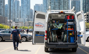 mobile auto glass repair Toronto — technician arriving at office location