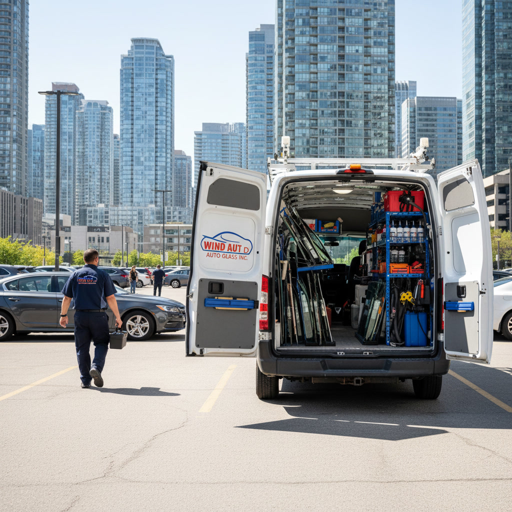 mobile auto glass repair Toronto — technician arriving at office location